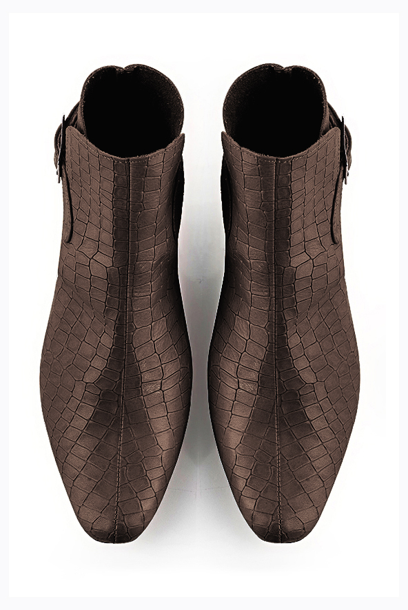 Dark brown women's ankle boots with buckles at the back. Round toe. Low block heels. Top view - Florence KOOIJMAN